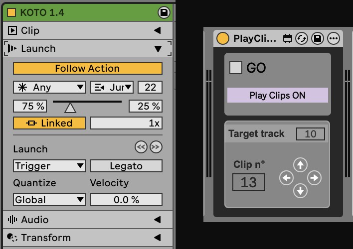Due pannelli di Ableton Live affiancati: a sinistra la follow action della clip KOTO 1.4, a destra il device PlayClip con GO, Target track e Clip n°.