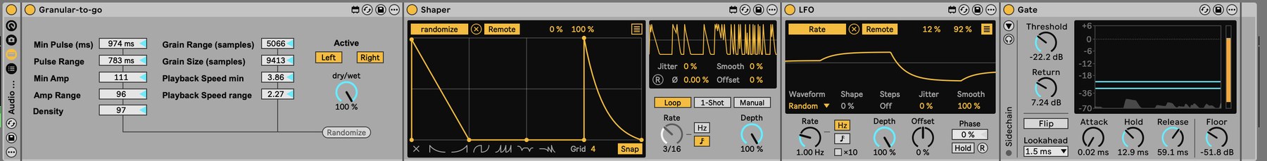 Il secondo rack della traccia LO|S: Granular-to-go, uno Shaper mappato su randomize, un LFO mappato sul Rate dello Shaper e un Gate.