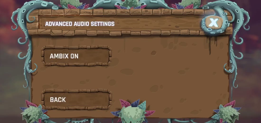 Il pannello «Advanced Audio Settings» nel menu del gioco, con un tasto che dice «AMBIX ON» e un tasto «BACK».