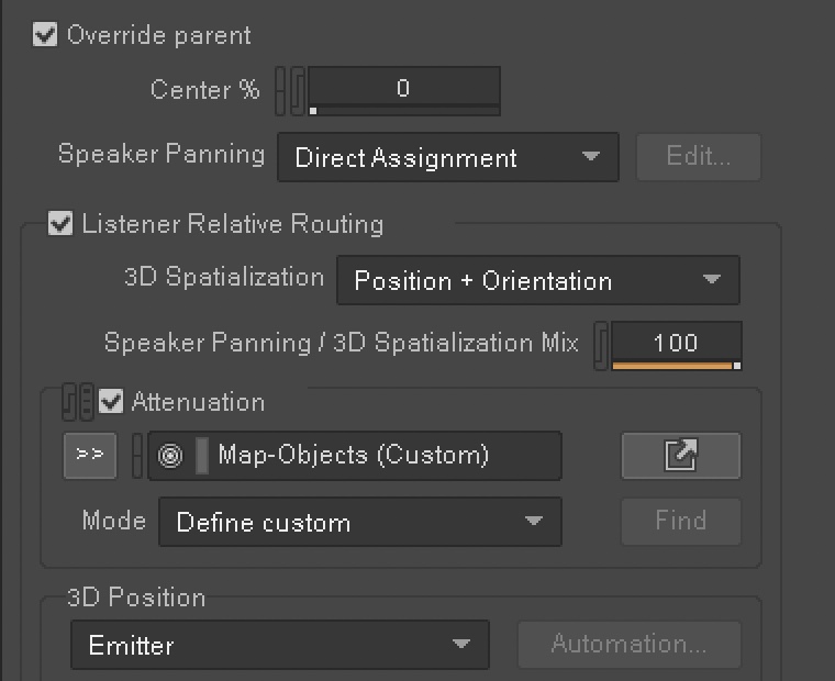 La scheda Positioning di un oggetto in Wwise: 3D Spatialization su «Position + Orientation», mix al cento per cento, attenuazione assegnata, posizione 3D su «Emitter».