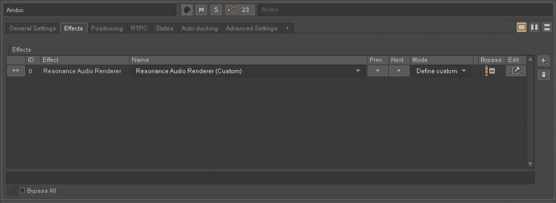 La scheda Effects del bus Ambix in Wwise, con una sola riga: Resonance Audio Renderer.