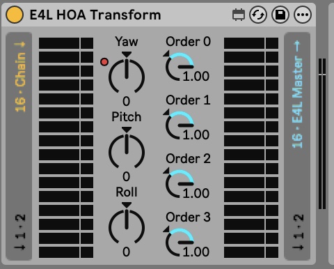 Il device E4L HOA Transform con le manopole Yaw, Pitch e Roll e i guadagni per ordine, da 0 a 3.