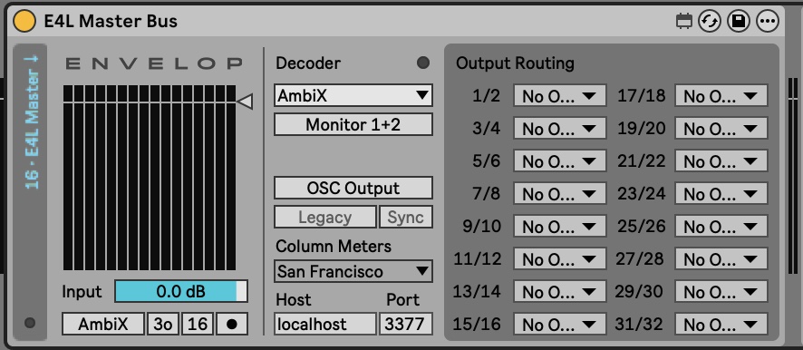 Il device E4L Master Bus di Envelop for Live, con il decoder su AmbiX e la matrice delle uscite.