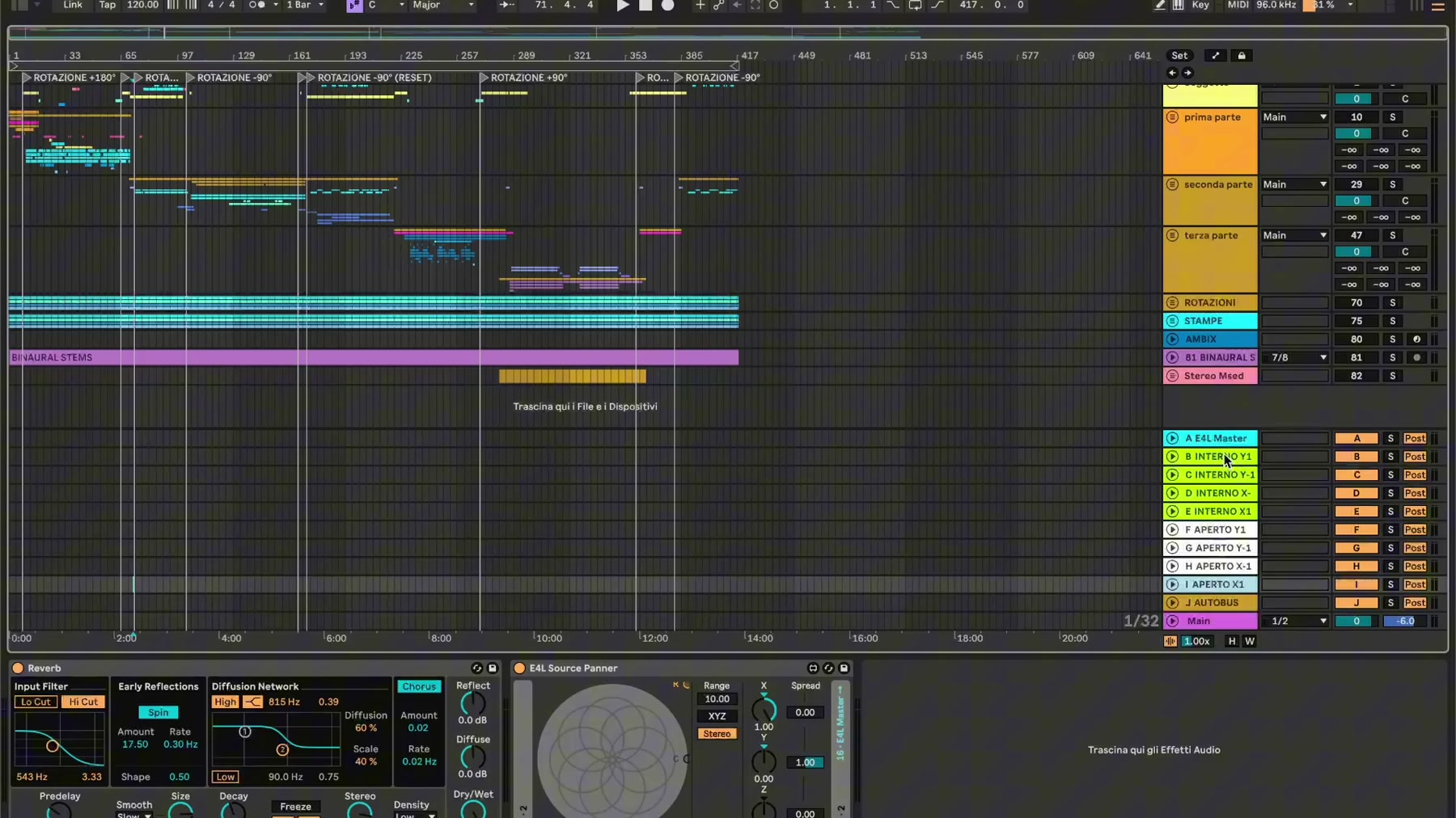 Un fotogramma dello screencast: la sessione di Ableton Live con il return I APERTO X1 selezionato e, nel pannello dei device, il Reverb di Live seguito da un E4L Source Panner.
