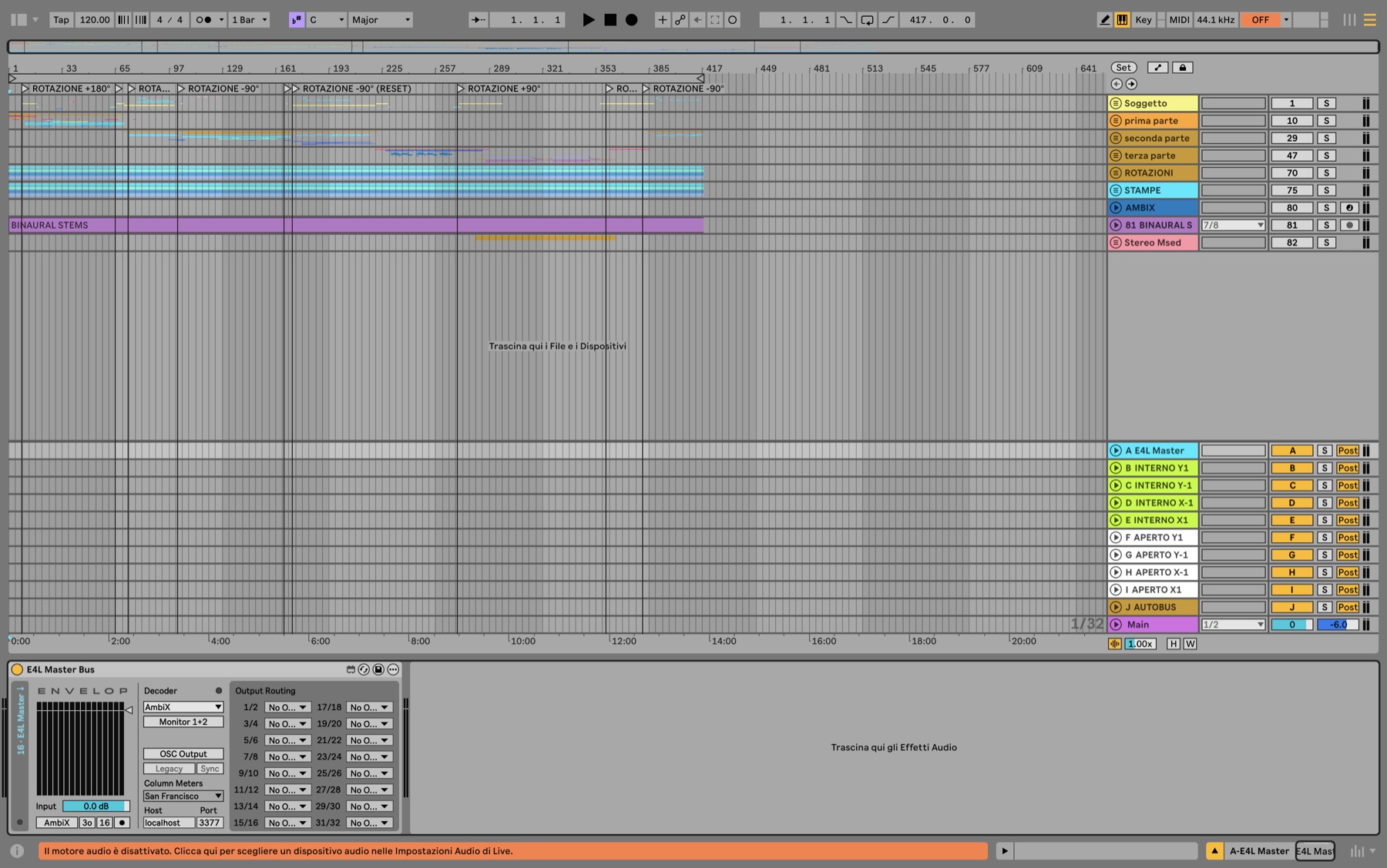 La vista arrangiamento di Ableton Live di Fight Club Ambisonic: i locatori delle rotazioni in cima, i gruppi di tracce a destra, i return sotto e il Master Bus di Envelop for Live aperto in basso.