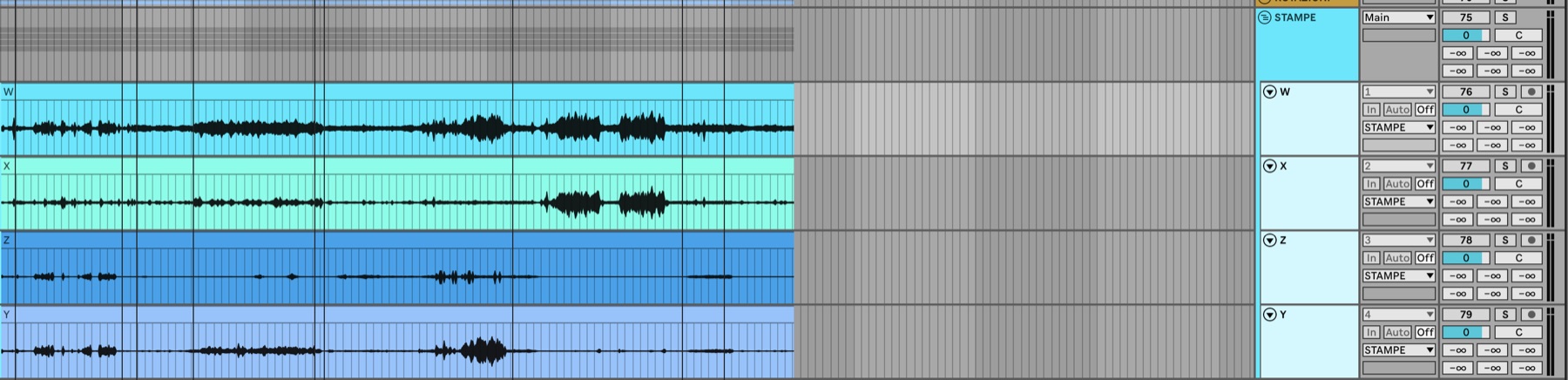 Il gruppo STAMPE in Ableton Live: quattro tracce mono chiamate W, X, Z e Y, con le forme d'onda e gli ingressi da 1 a 4.