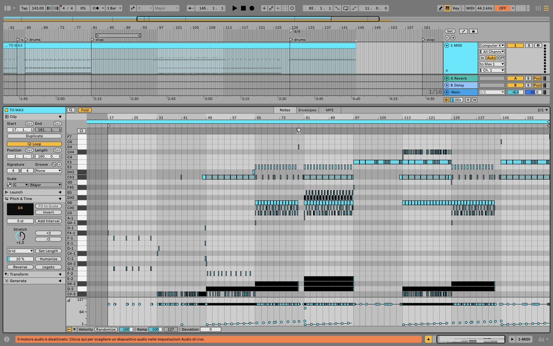 La clip MIDI «TO MAX» aperta nel piano roll di Ableton: le note sono ammassate nella parte bassa della tastiera e in fondo si vede la corsia della velocity.